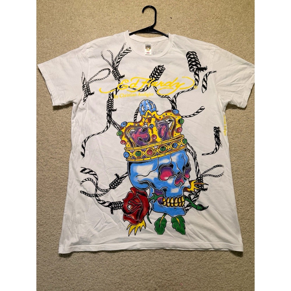Vintage Y2K Ed Hardy Christian Audigier Skull Crown Rose T Shirt XL USA AOP